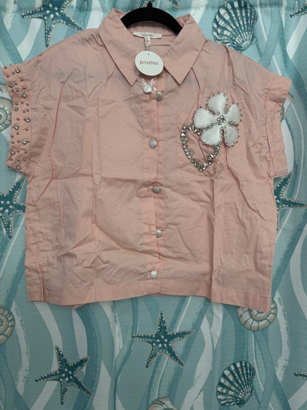 Pastels Pink Short-Sleeve Embellished Button-Up Top